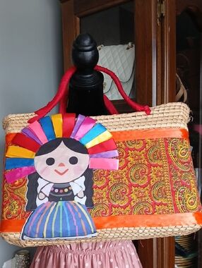 MEXICANA Multicolor Woven Tote with Doll Applique